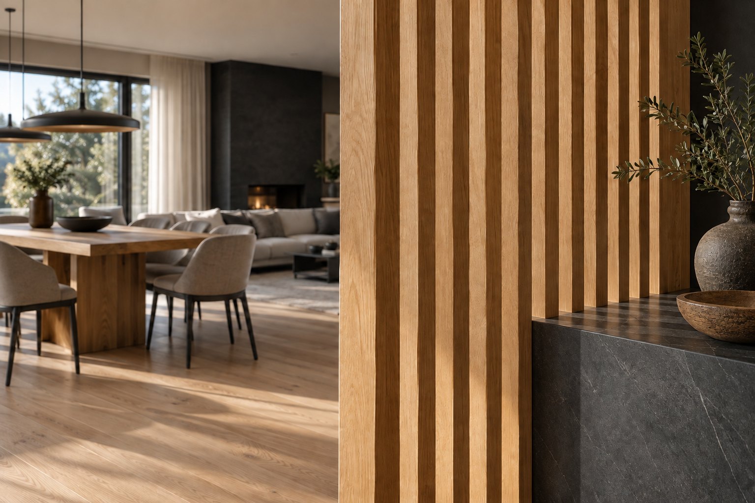 Détail d’une séparation intérieure en lames de bois